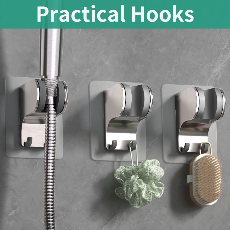 HEROBAI Hand Held Shower Head Holder Wall Mount, Shower Hose Holder Adhesive with 2 Hanger Hooks, Adjustable Shower Handle Holder, No Drilling Shower Wand Holder (Brushed Nickel, 1 Pack) - Image 3